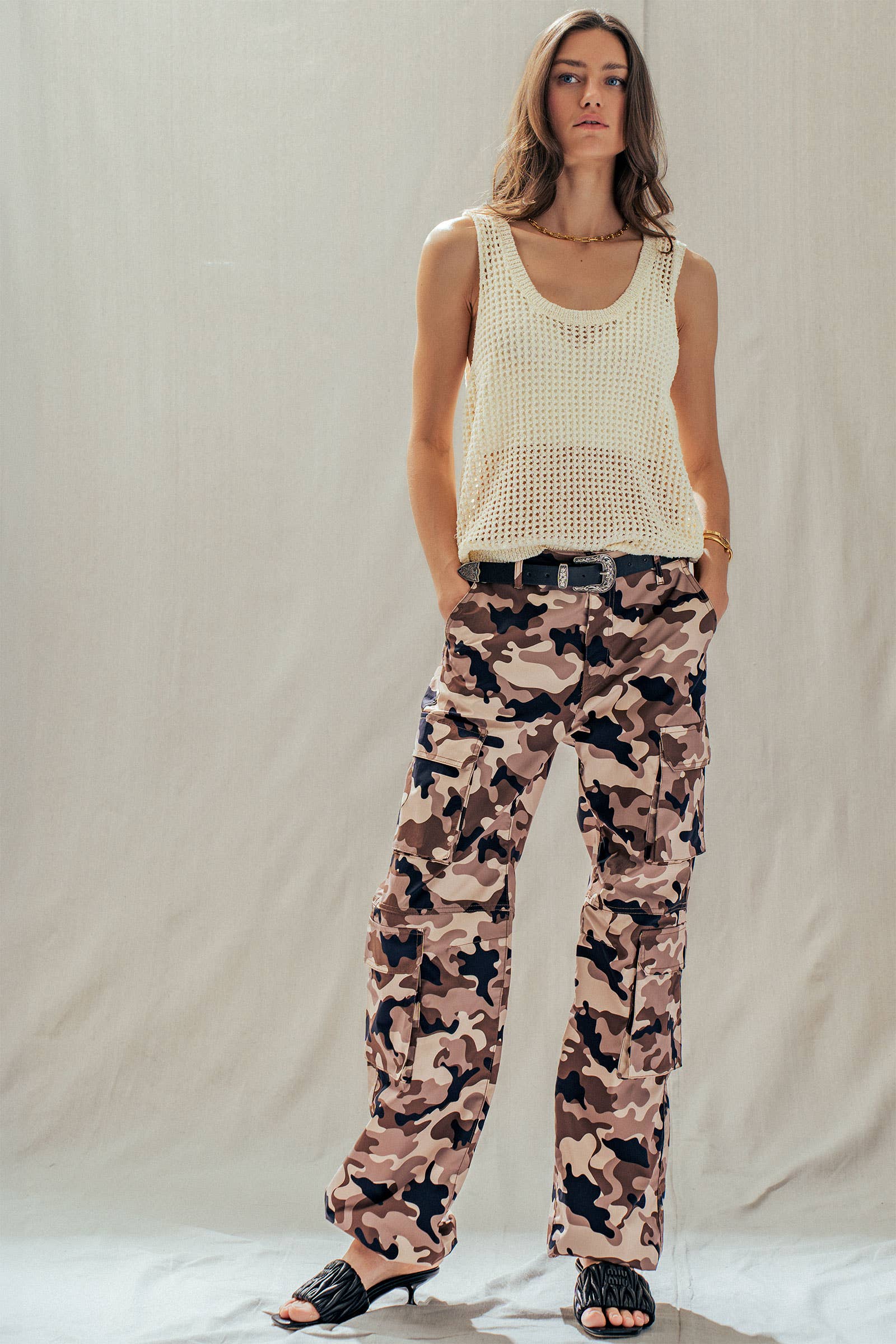 Camo Print Utility Cargo Pants with Drawstring Hem