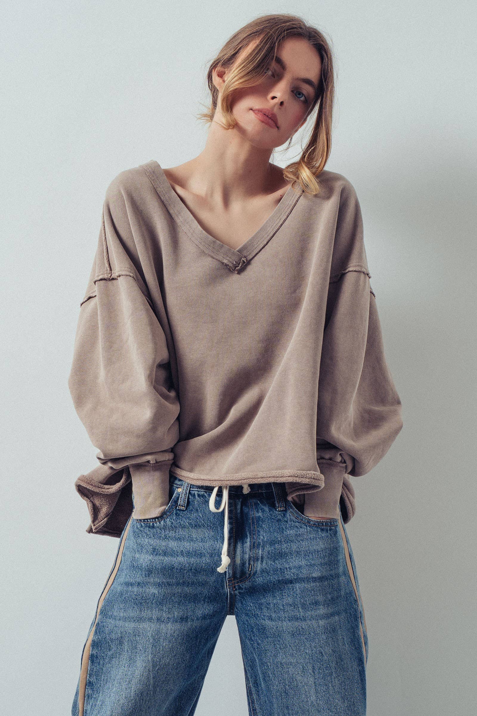 Raw Edge V-Neck Oversized Sweatshirt