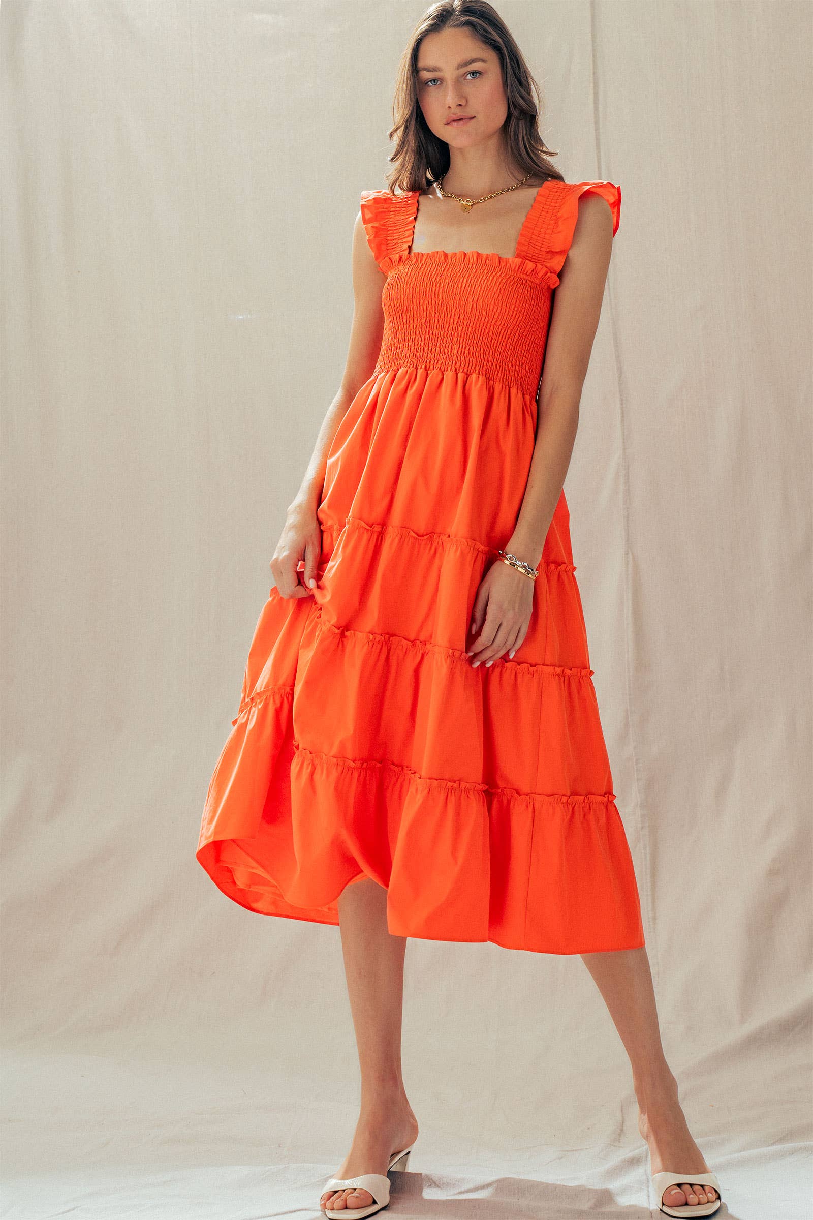 Cotton Smocked Tiered Midi Dress