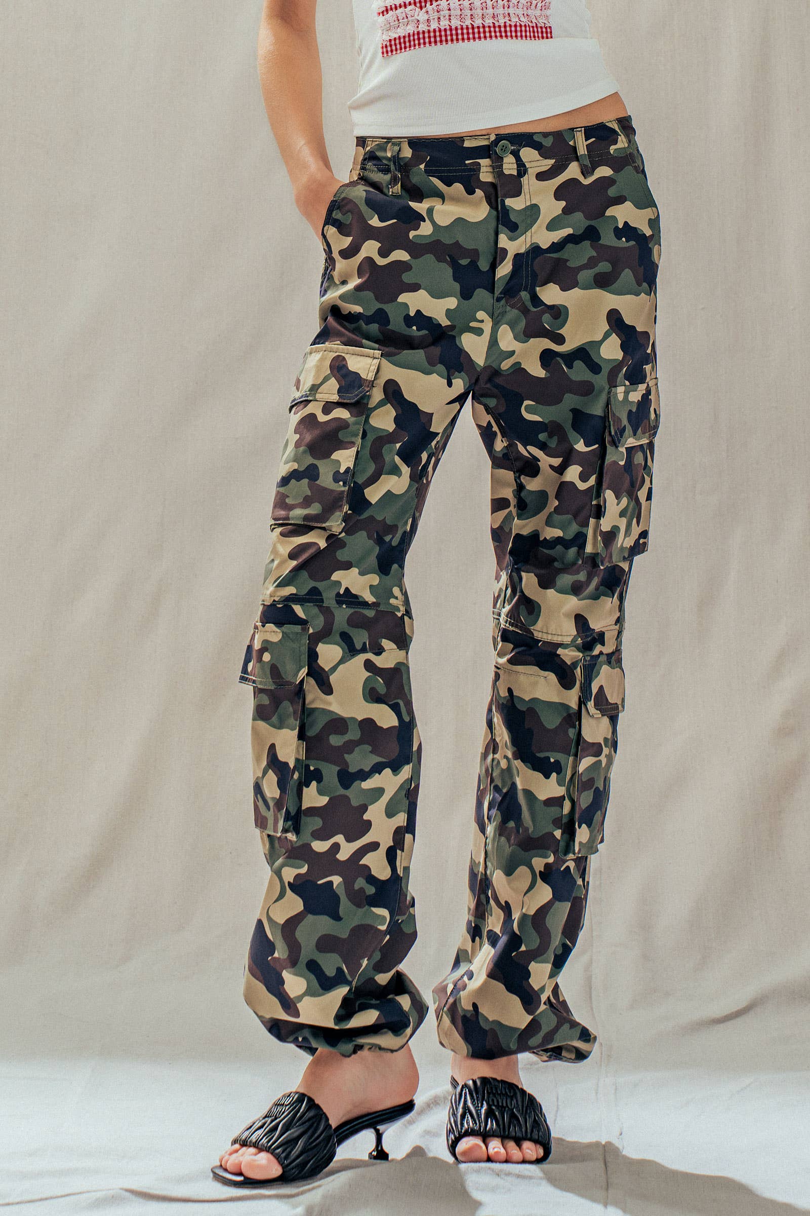 Camo Print Utility Cargo Pants with Drawstring Hem