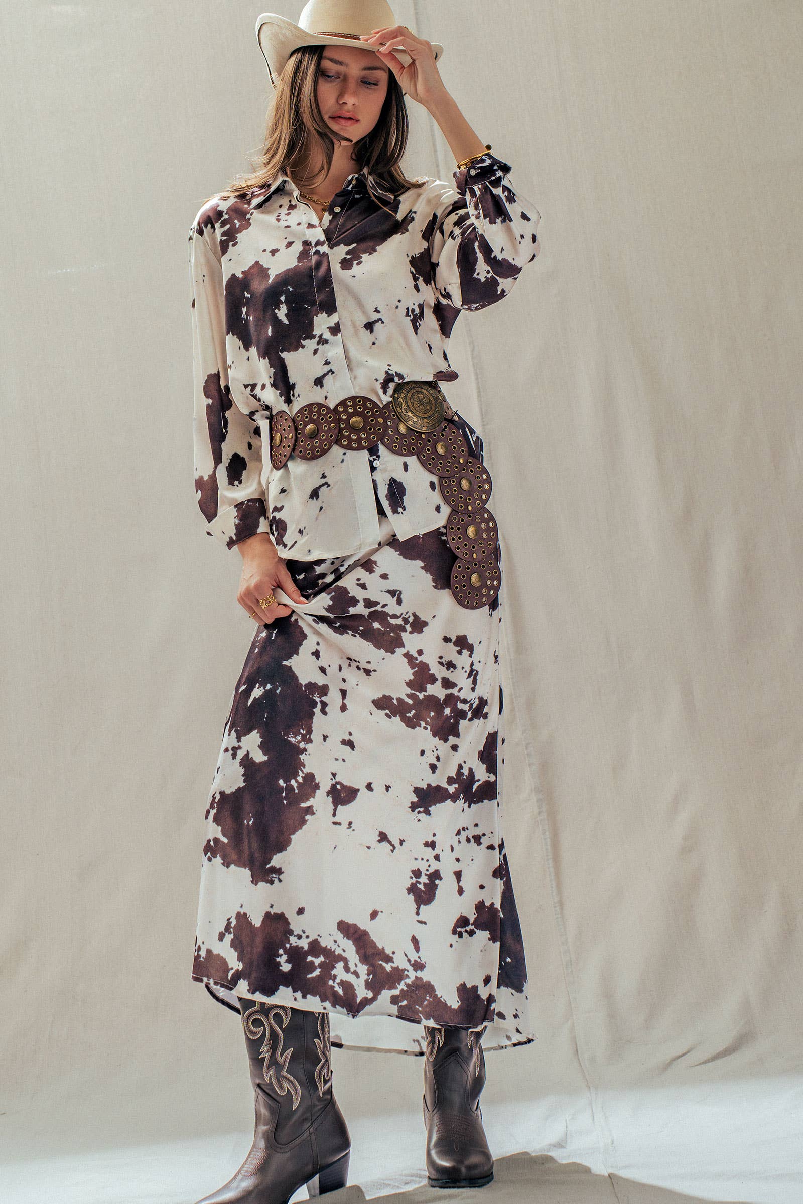 Urban Daizy Cowhide Print Satin Drawstring Midi Skirt Animal-Print Skirt - Women's (UDSK0074) – alternate view 16