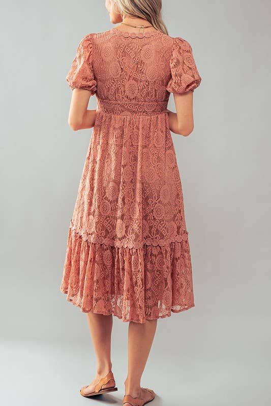 Scalloped Lace Button Front Midi Dress