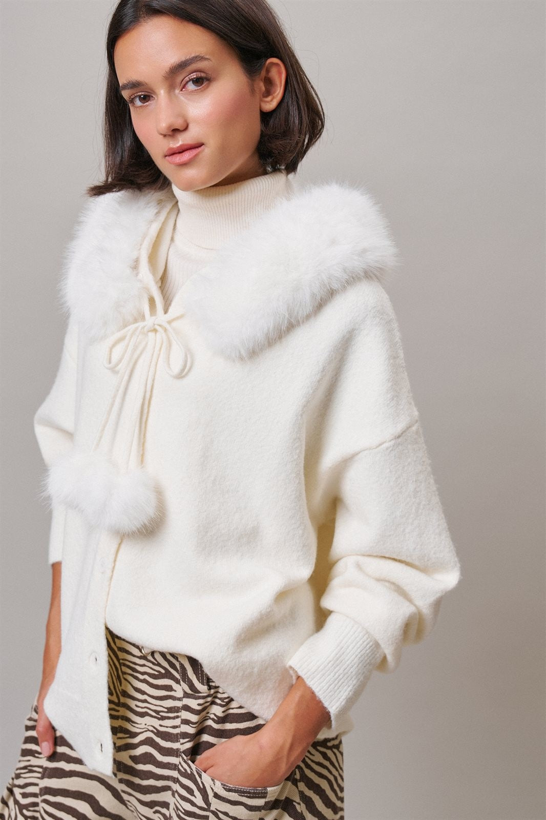 Faux Fur Hood Pom Pom Cardigan Wool Blend in Baby Blue in IVORY - Women's Cardigans & Shrugs | Urban Daizy