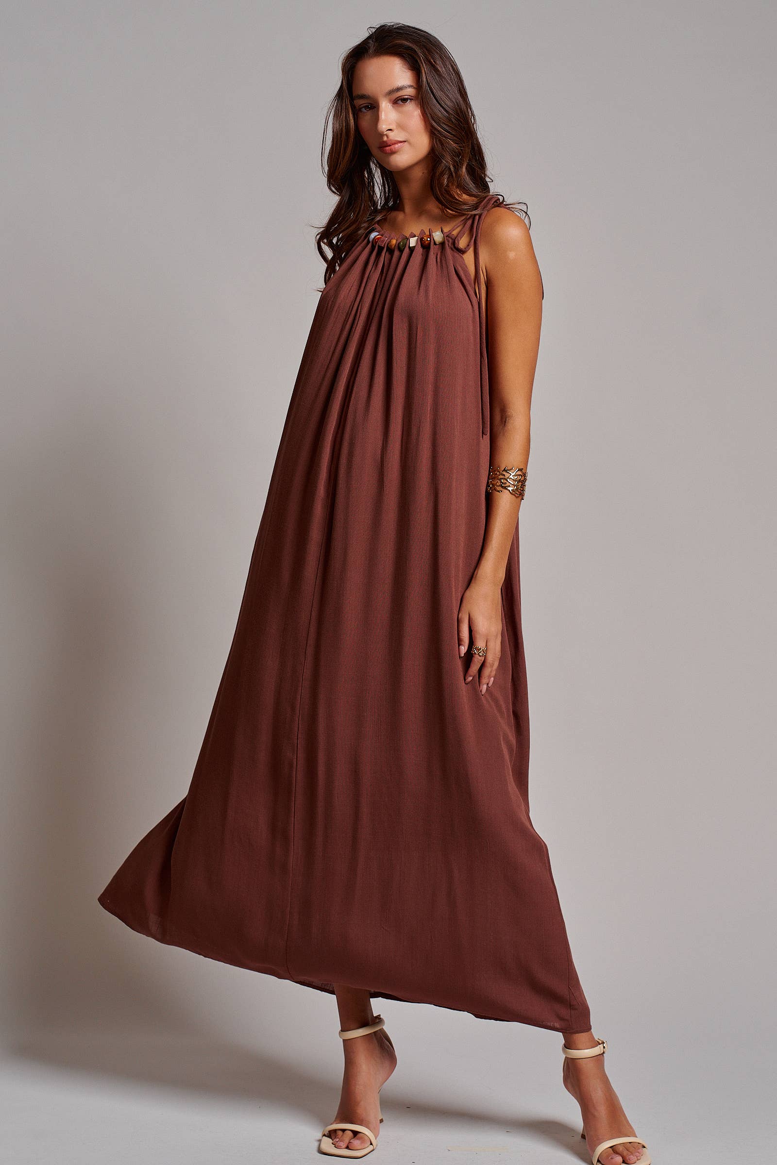 Beaded Halter Neck Linen Blend Maxi Dress