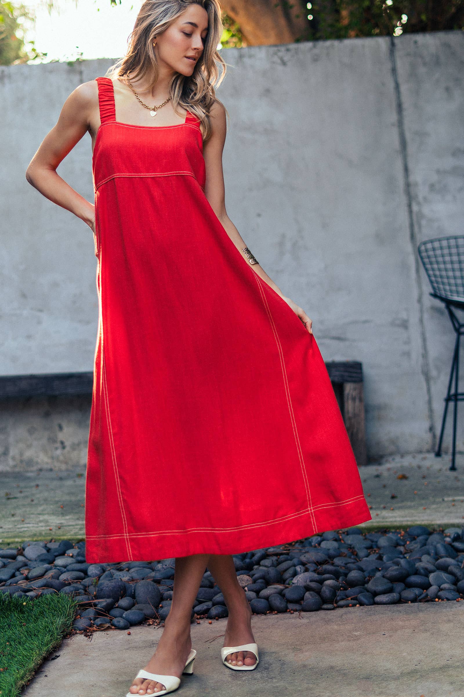 Contrast Stitch Square Neck Tencel Linen Midi Dress