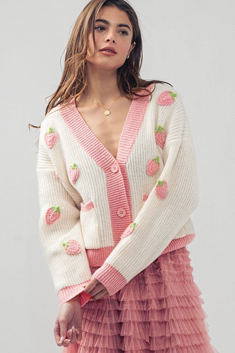 Urban Daizy Romantic Strawberry Embroidered V Neck Chunky Sweater Pink Cardigan - Women's (UDZ-KN-00160) – alternate view 11