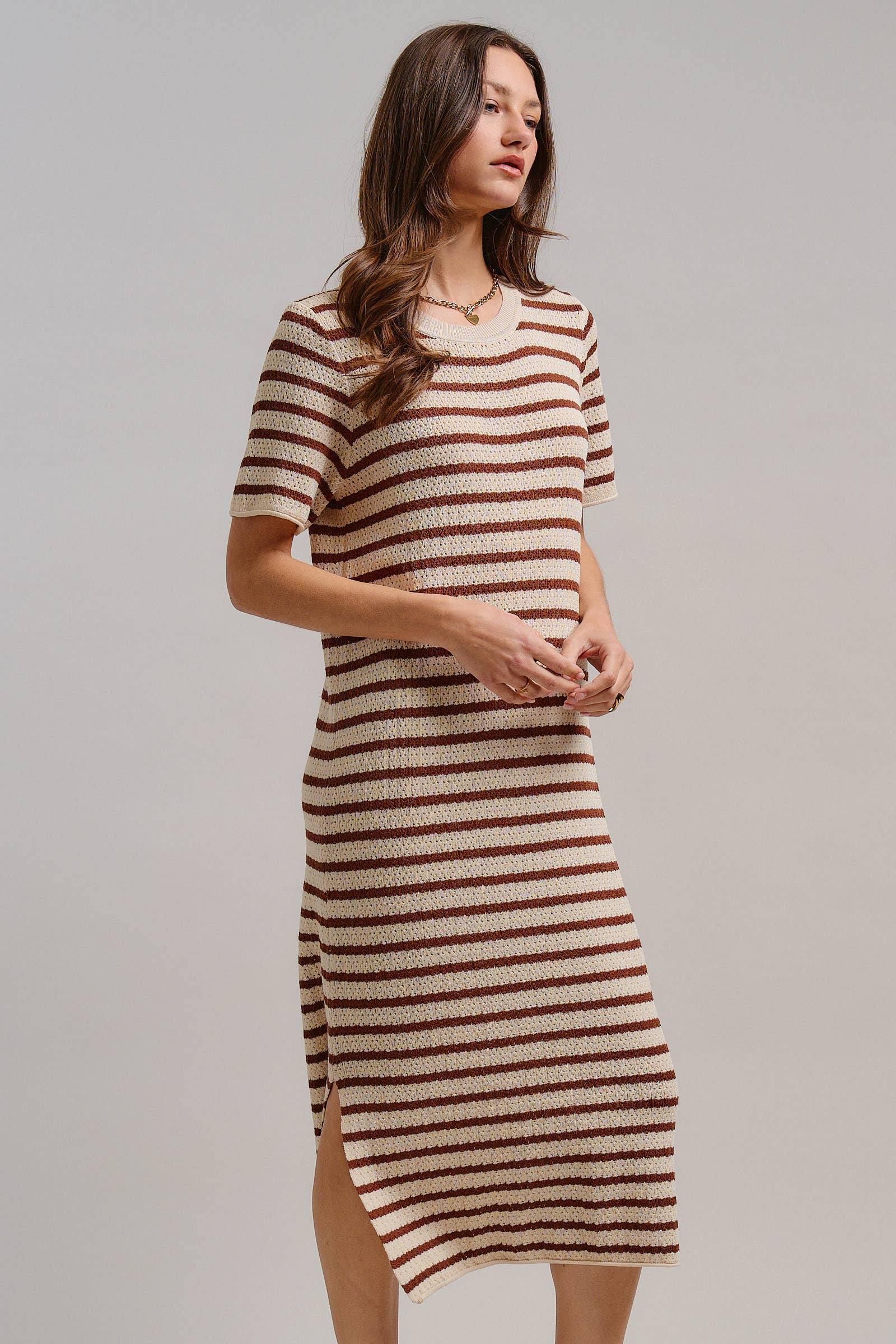Striped Crochet Knit Short Sleeve Midi Dress