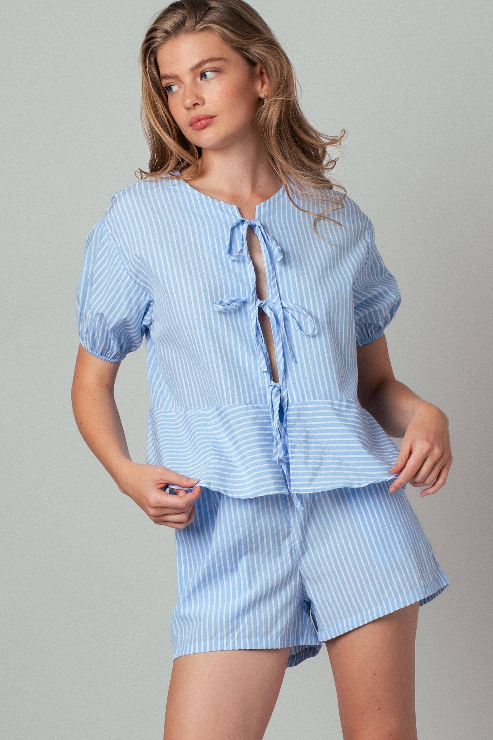 Urban Daizy Striped Tie-Front Puff Sleeve Two-Piece Set Sage-Stripe Top & Short Set (NOT Loungewear) - Women's (UDZ-AC-00224) – alternate view 2