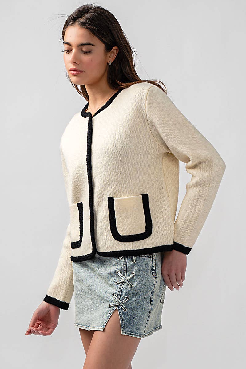 Urban Daizy Classic Contrast Trim Patch Pocket Cardigan Ivory Cardigan - Women's (UDZ-KN-00363) – alternate view 23