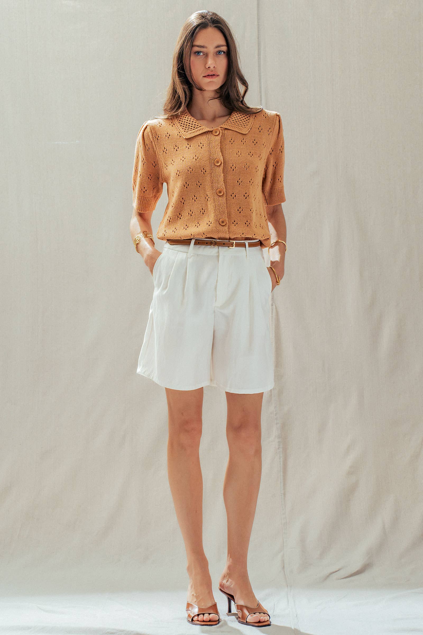 Urban Daizy Pointelle Knit Puff Sleeve Collared Cardigan Warm-Camel Cardigan - Women's (UDSW0345-Warm-Camel) – alternate view 12