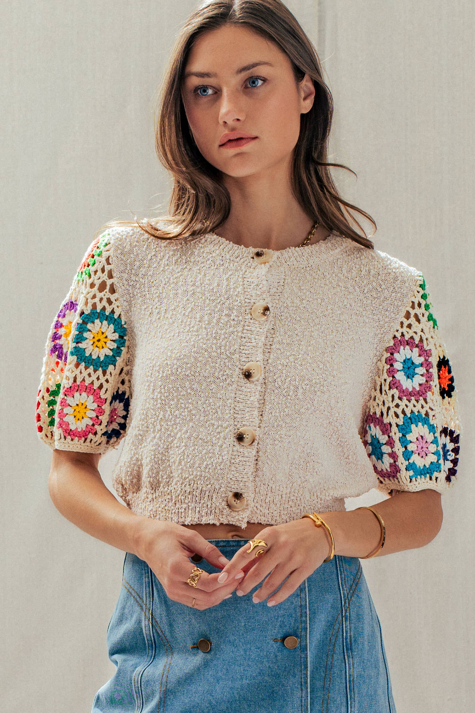 Granny Square Crochet Sleeve Knit Button Cardigan