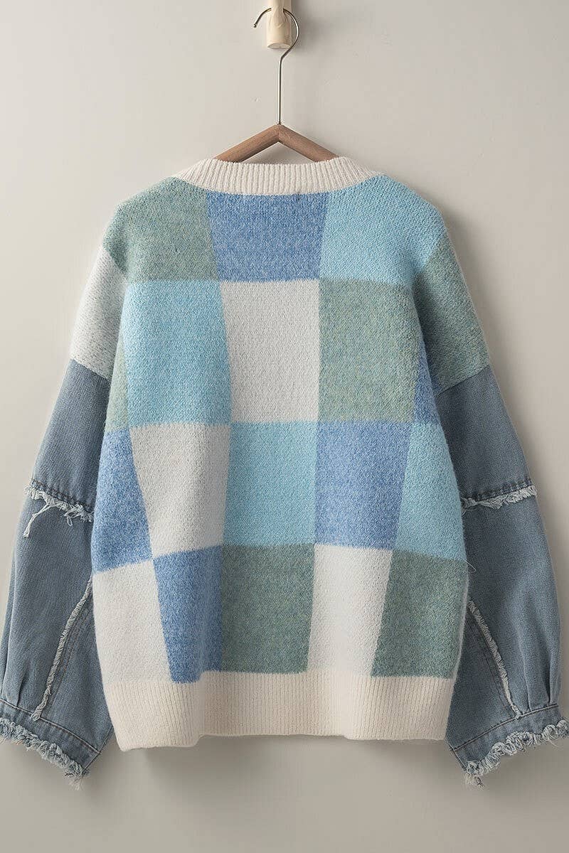 Urban Daizy Checkered Knit with Denim Sleeves Crewneck Sweater Blue-Combo Knit Sweater - Women's (UDZ-KN-00486)