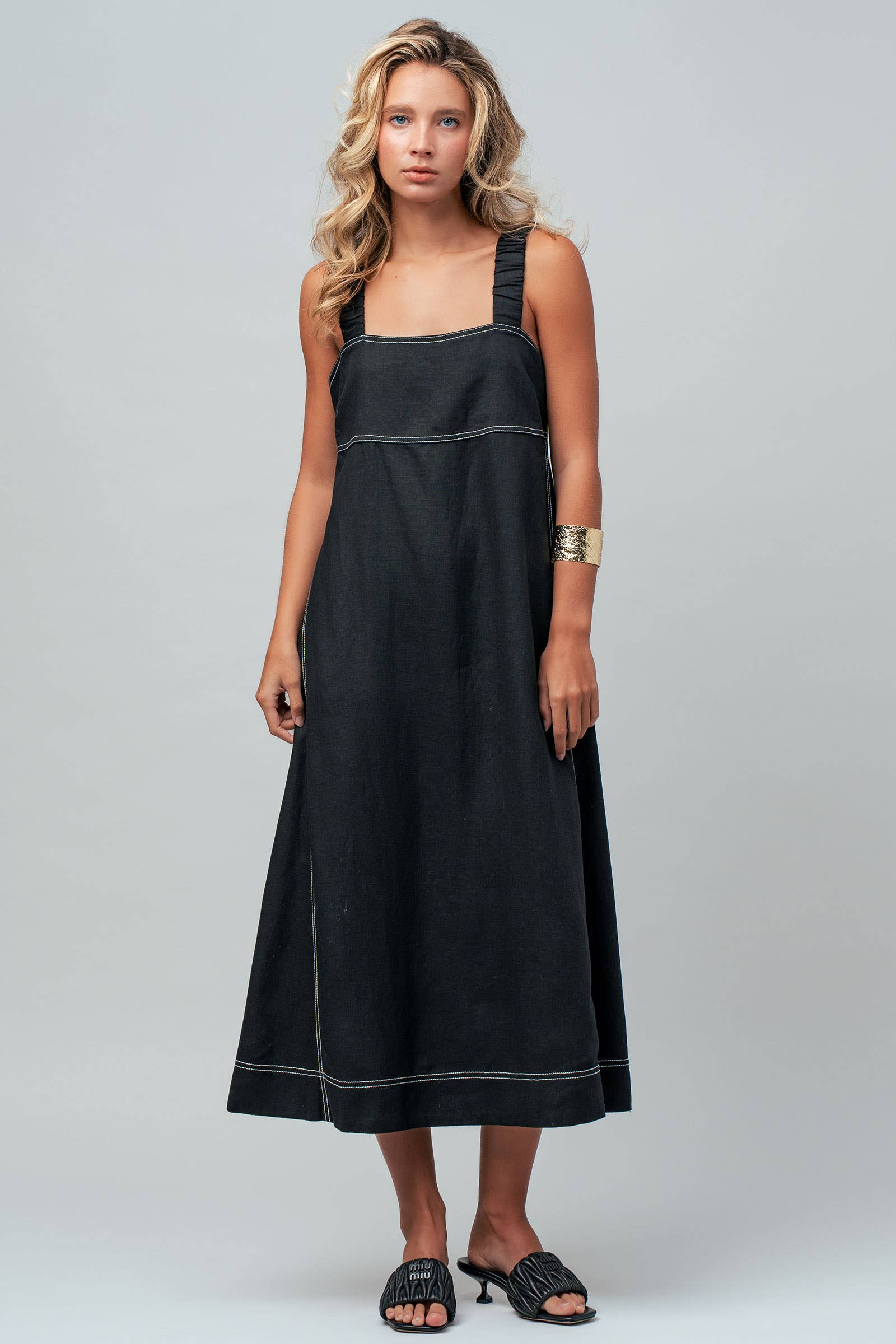 Urban Daizy Contrast Stitch Square Neck Tencel Linen Midi Dress Black Dress - Women's (UDZ-OT-00168)