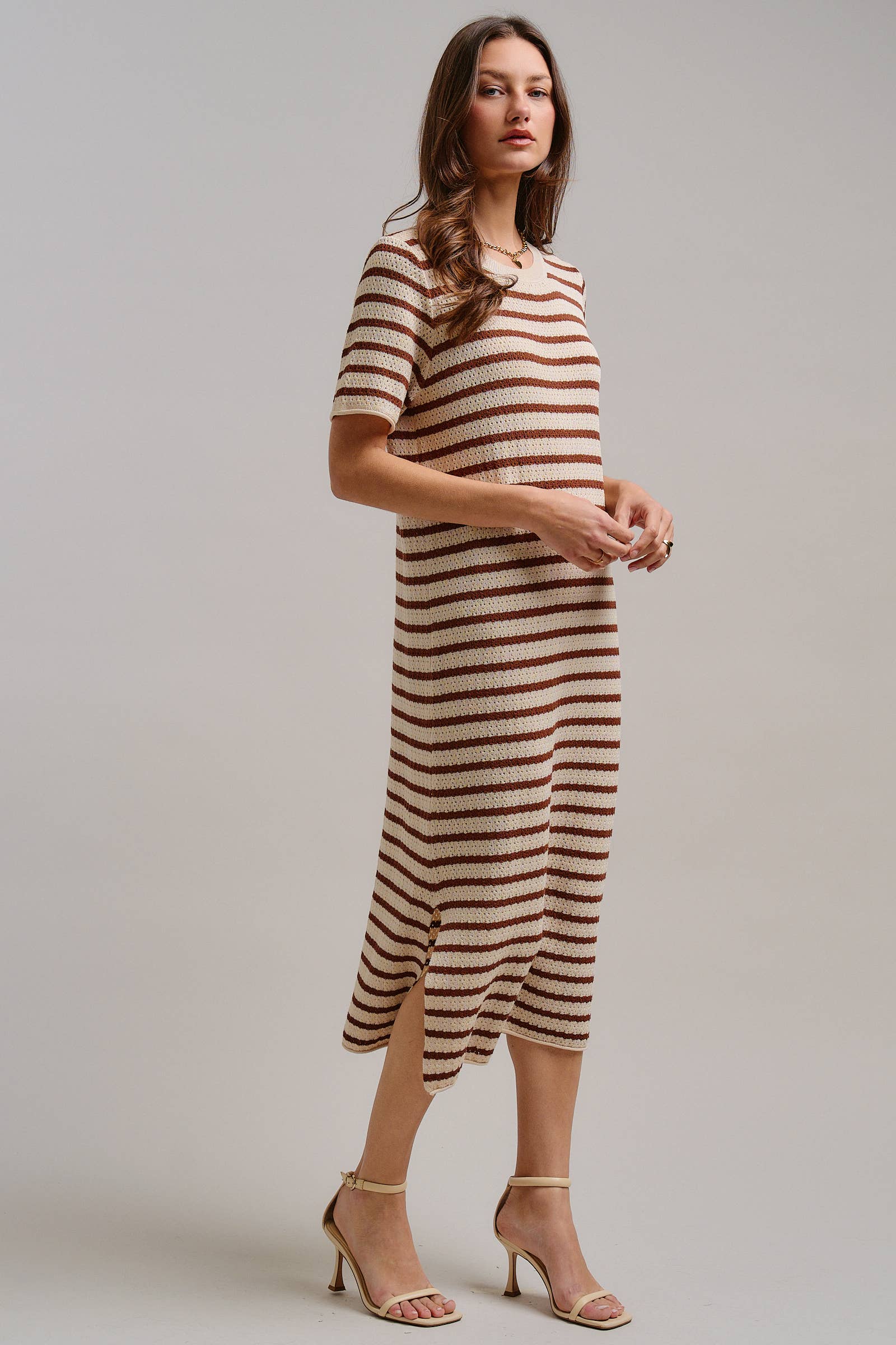 Striped Crochet Knit Short Sleeve Midi Dress