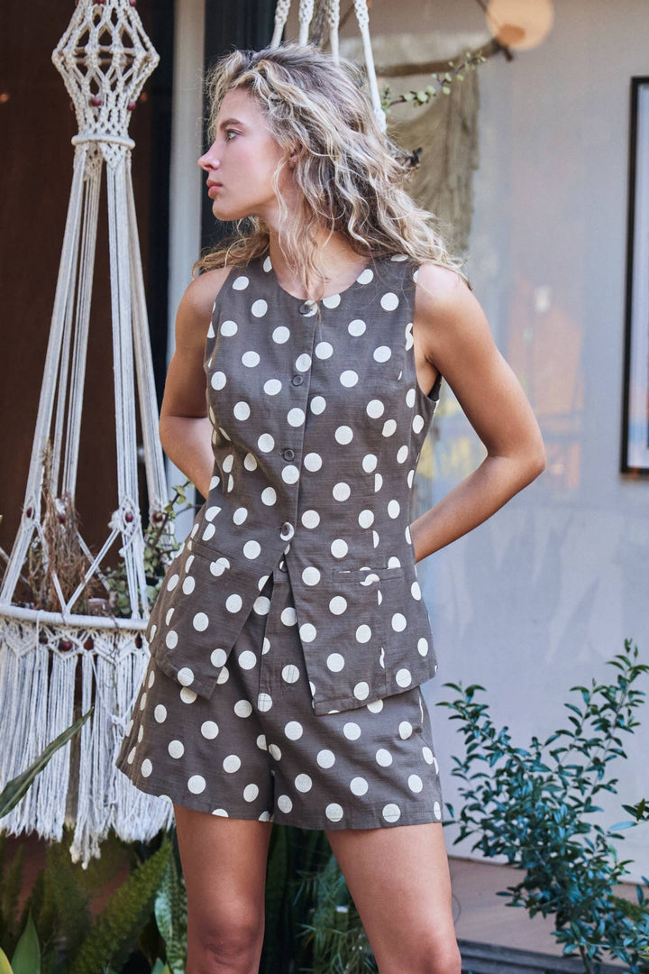 Polka Dot Cotton Linen Matching Set | wholesale top & short set (not loungewear) - women's | Urban Daizy