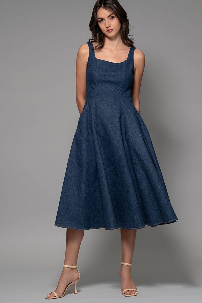 Urban Daizy Square Neck Denim A-Line Midi Dress Dk-Denim Dress - Women's (UDZ-DR-00340) – alternate view 2