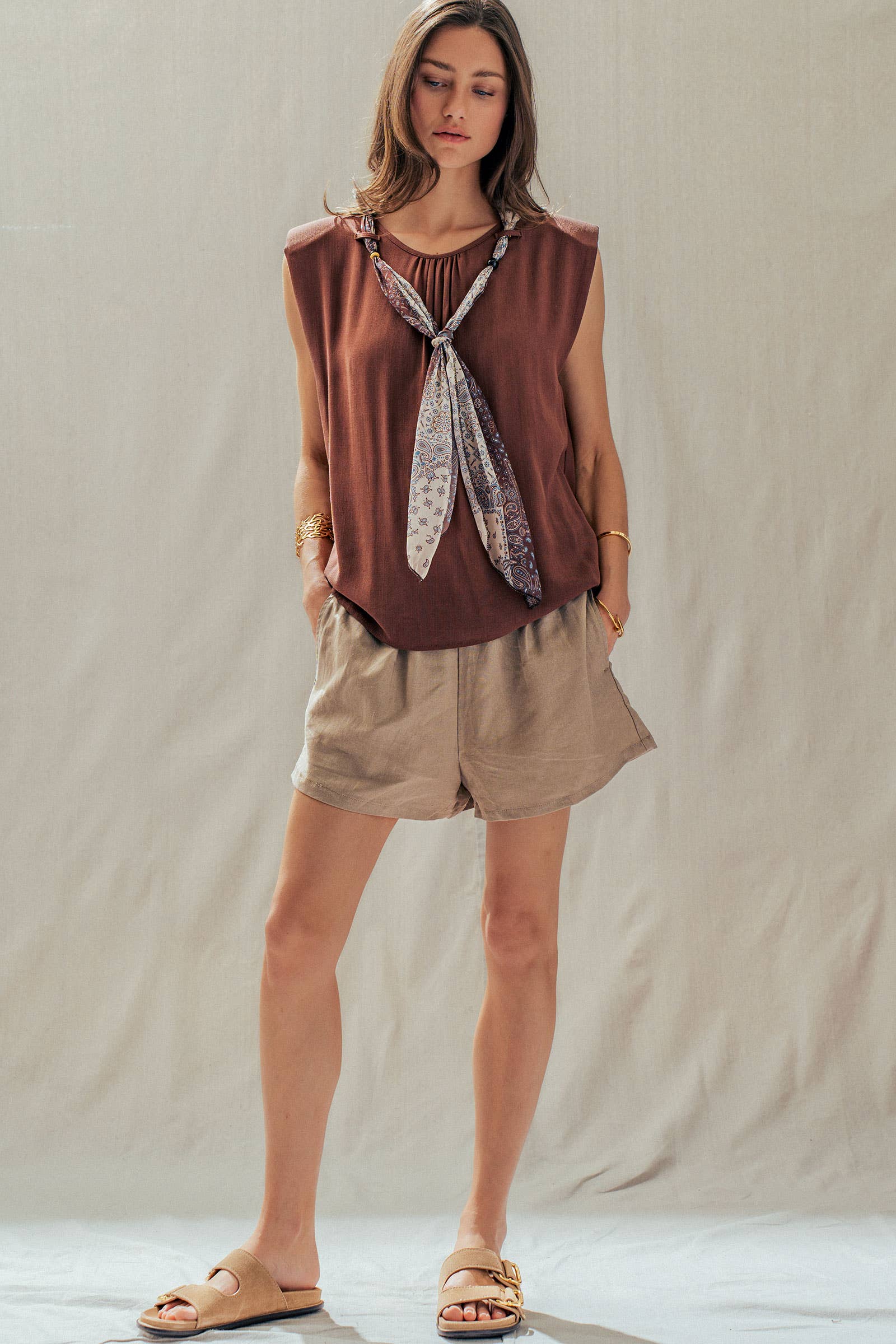 Paisley Scarf Tie Linen Blend Muscle Top