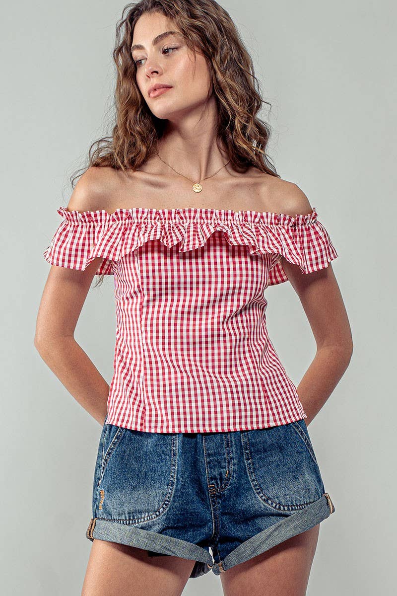 Urban Daizy Gingham Ruffle Off-Shoulder Crop Top Pink Blouse - Women's (UDZ-TP-01034) – alternate view 6