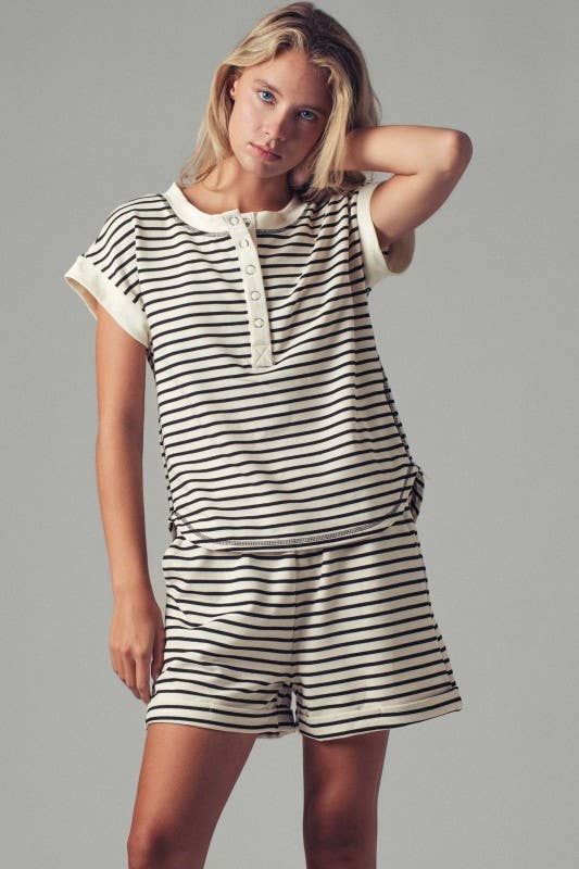 Striped Henley Button-Up Western Top