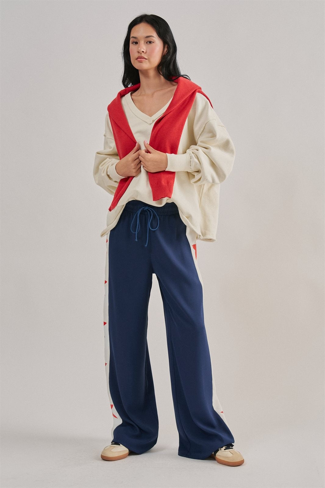 USA Star Side Stripe Wide-Leg Track Pants in NAVY - Women's Casual Pants | Urban Daizy