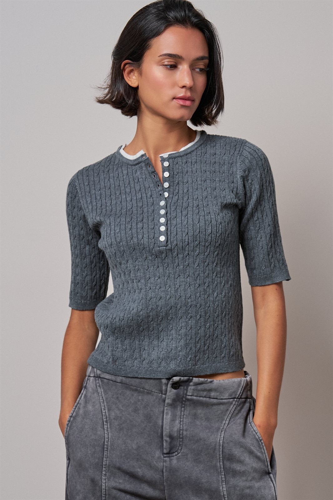Wool Blend Cable Knit Henley with Contrast Neckline in GREY - Women's Sweaters | Urban Daizy