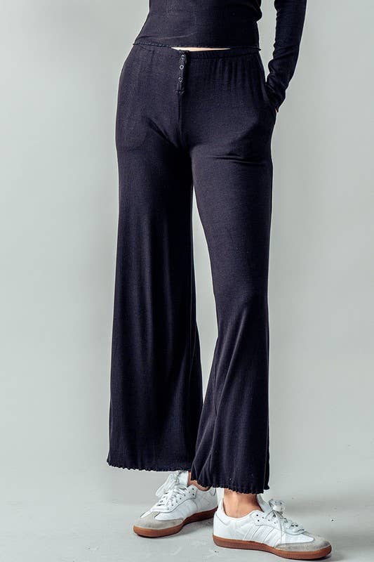 Urban Daizy Soft Ribbed Lettuce Hem Wide Leg Lounge Pants Black Pants - Women's (UDZ-PT-00262) – alternate view 10