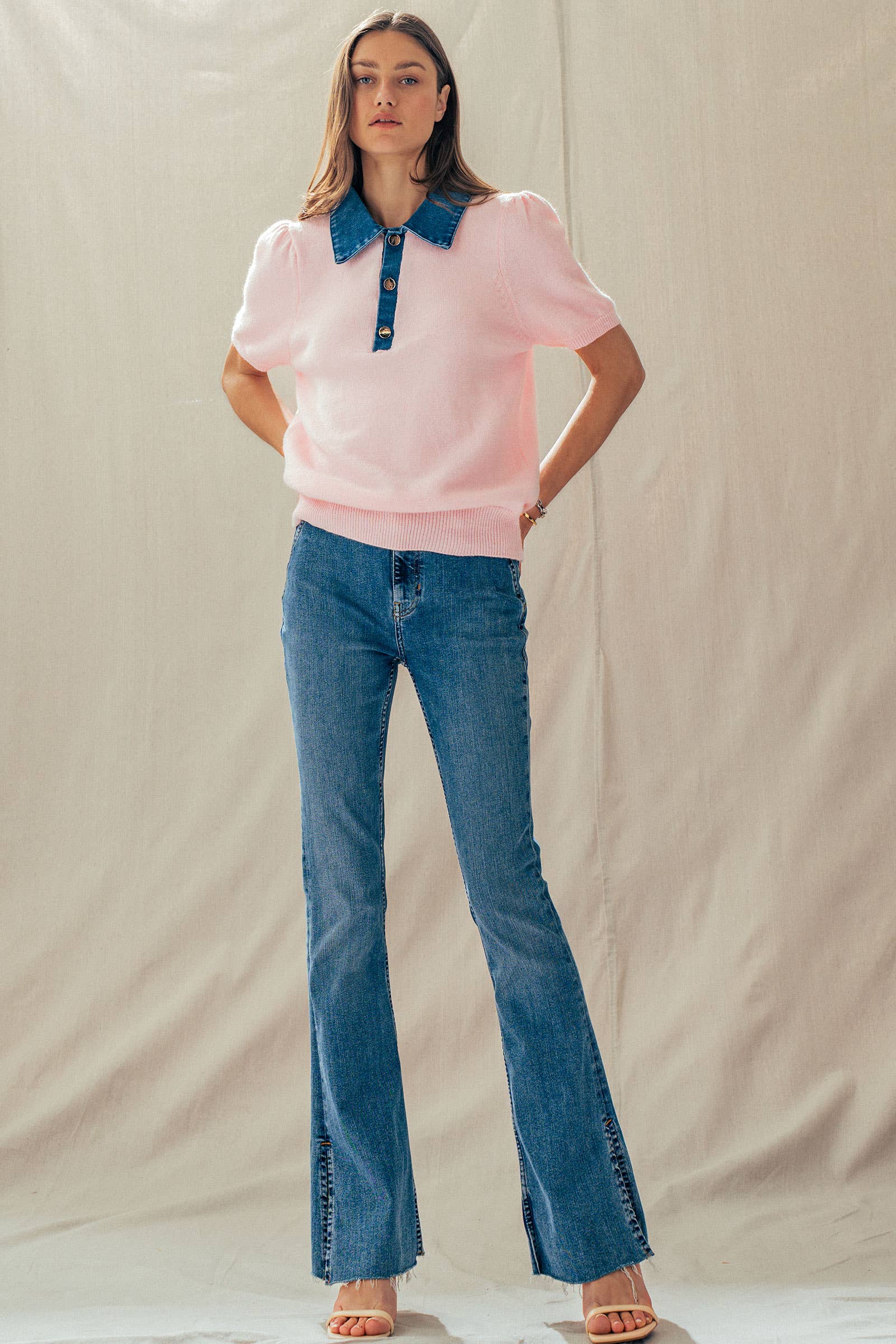 Contrast Denim Collar Knit Sweater Top