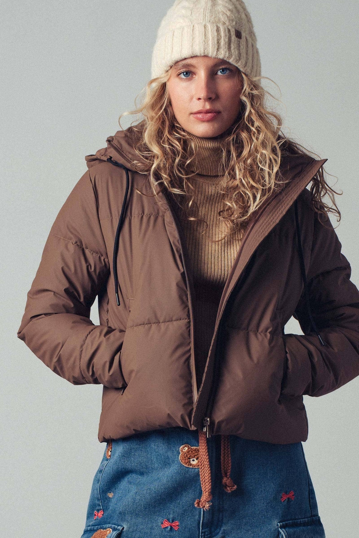 Urban Daizy Cozy Drawstring Hooded Puffer Jacket Black Puffer Jacket - Women's (UDZ-KN-00653) – alternate view 2
