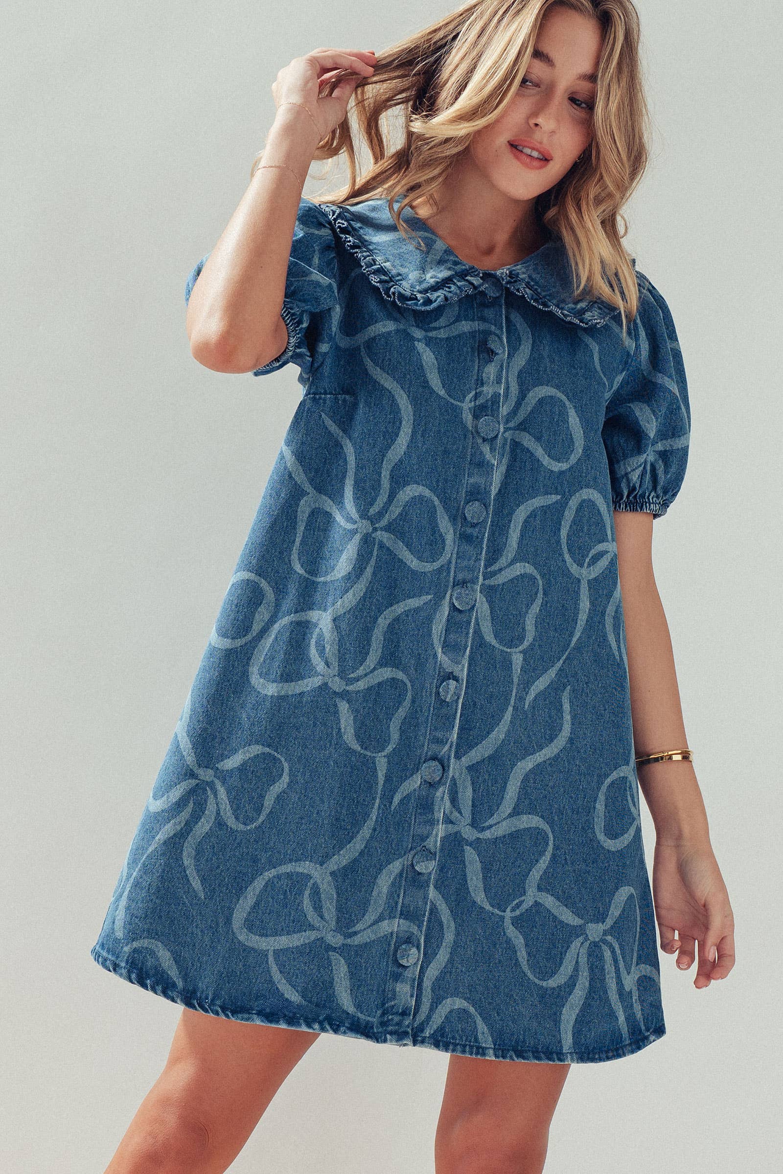 Bow Print Puff Sleeve Denim Mini Dress