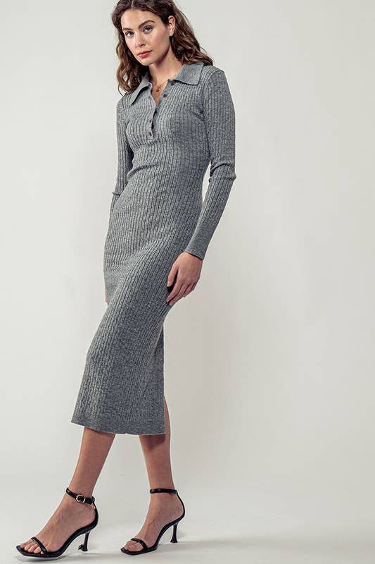 Urban Daizy Ribbed Collared Button Front Midi Sweater Dress H-Grey Dress - Women's (UDZ-DR-00328) – alternate view 12
