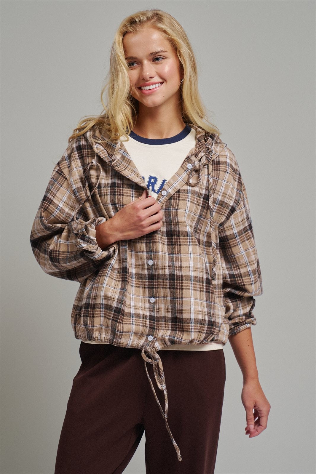Plaid Flannel Hooded Shirt Jacket with Drawstring Hem in KHAKI - Women's Shirts & Blouses | Urban Daizy