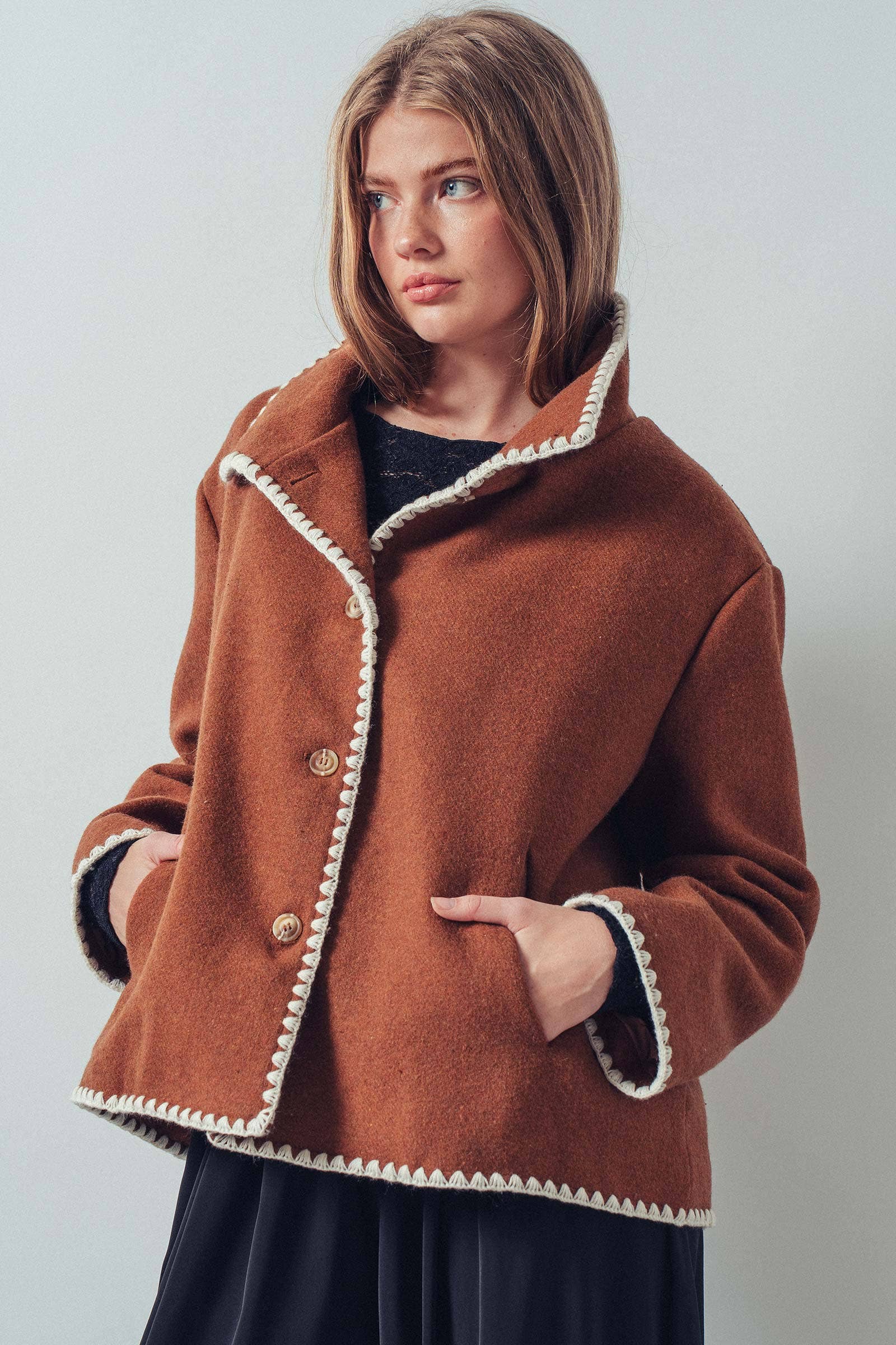 Embroidered Trim Wool-Blend Jacket