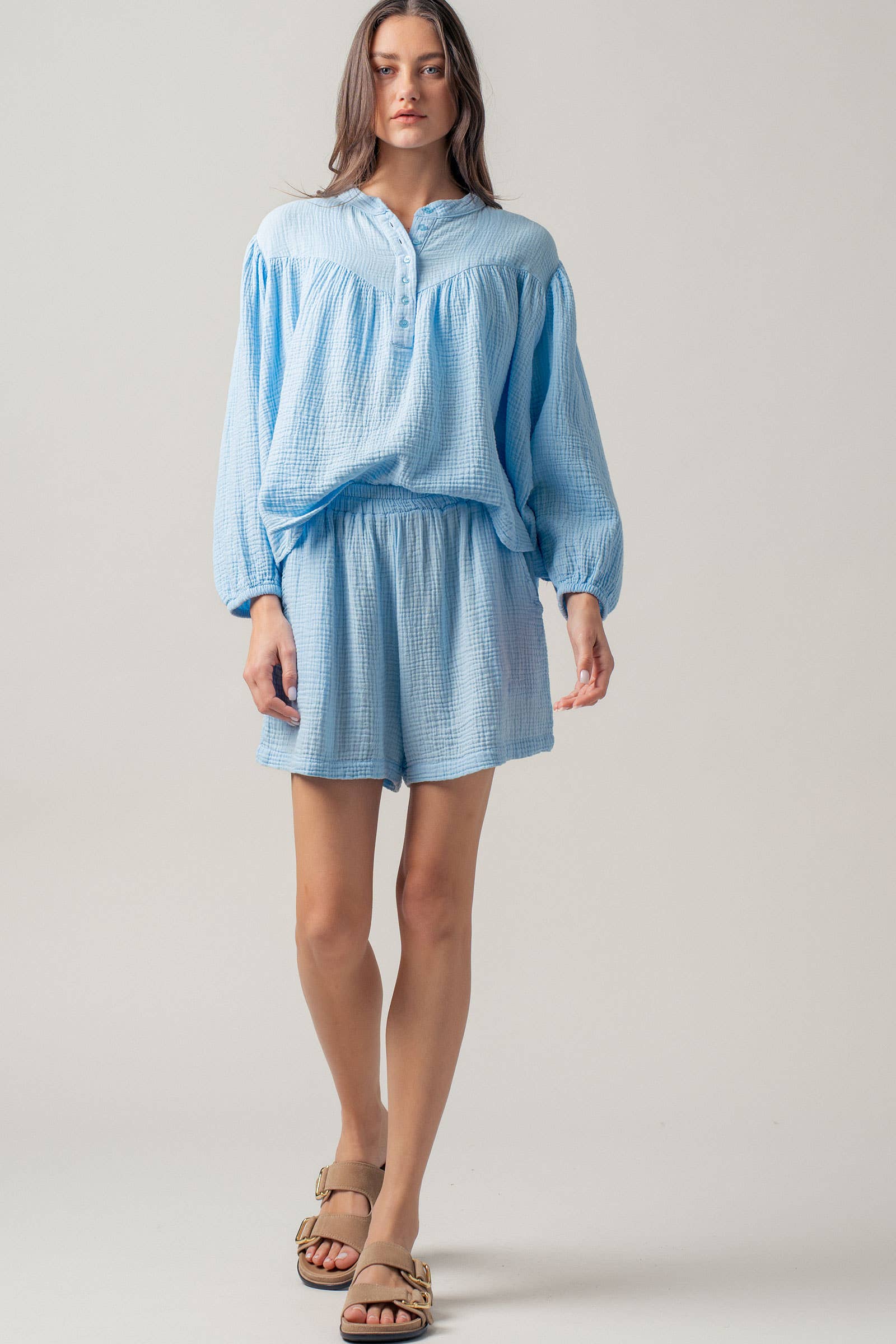 Garment Dyed Cotton Gauze Button Down Top And Shorts Set