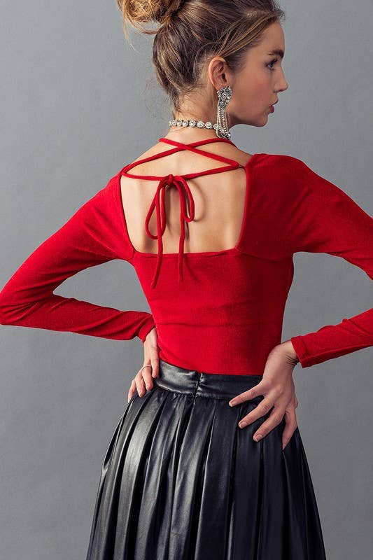 Urban Daizy Open Tie Back Scoop Neck Long Sleeve Top Champagne Blouse - Women's (UDZ-TP-00193) – alternate view 5