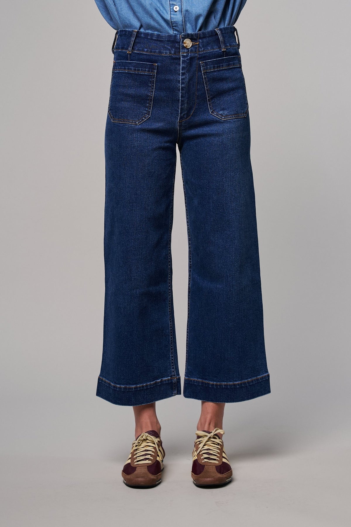 High Waist Wide Leg Denim with Patch Pockets in DENIM - Women's Casual Pants | Urban Daizy