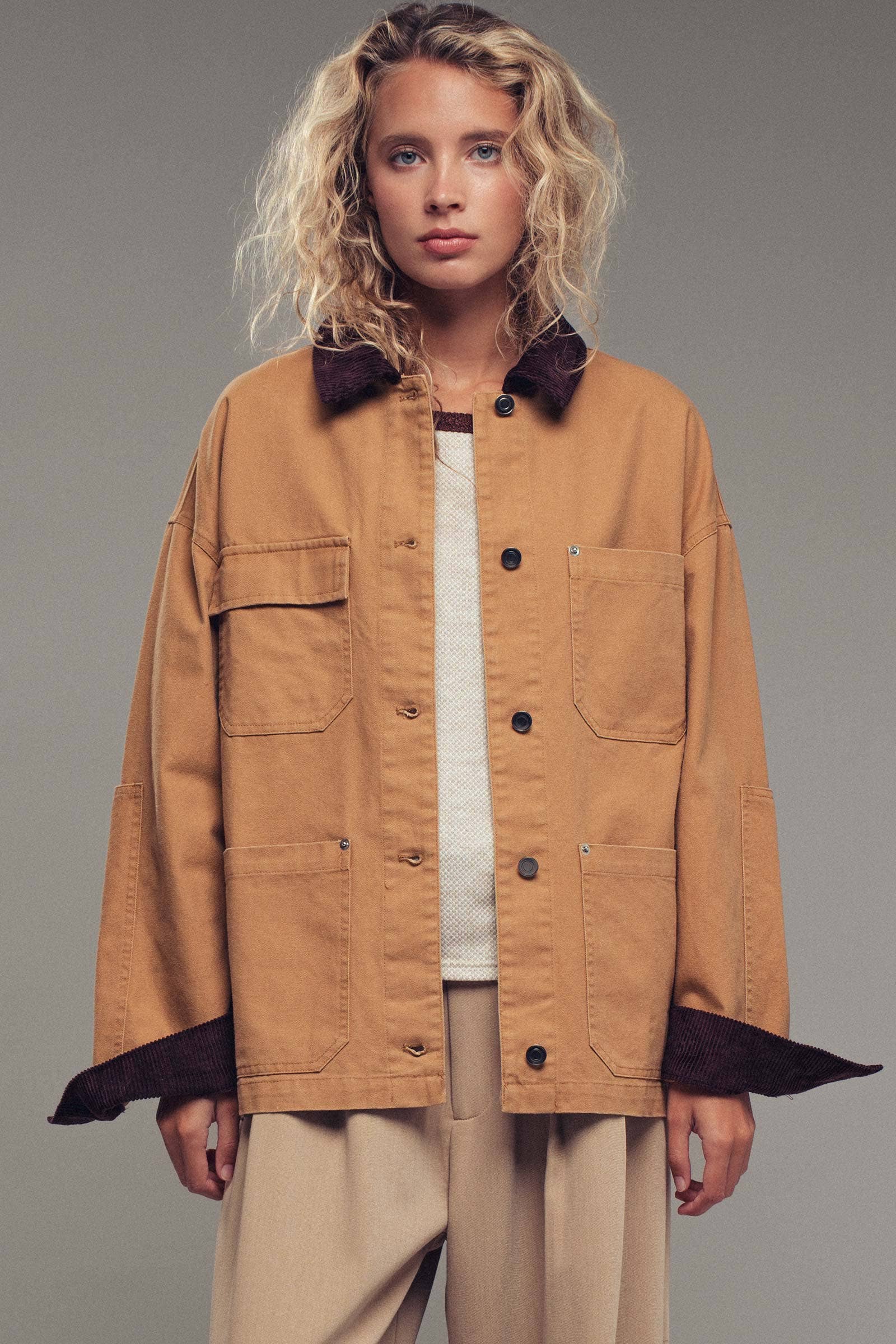 Urban Daizy Utility Contrast Collar Workwear Jacket Camel Jacket - Women's (UDZ-TP-00811) – alternate view 4
