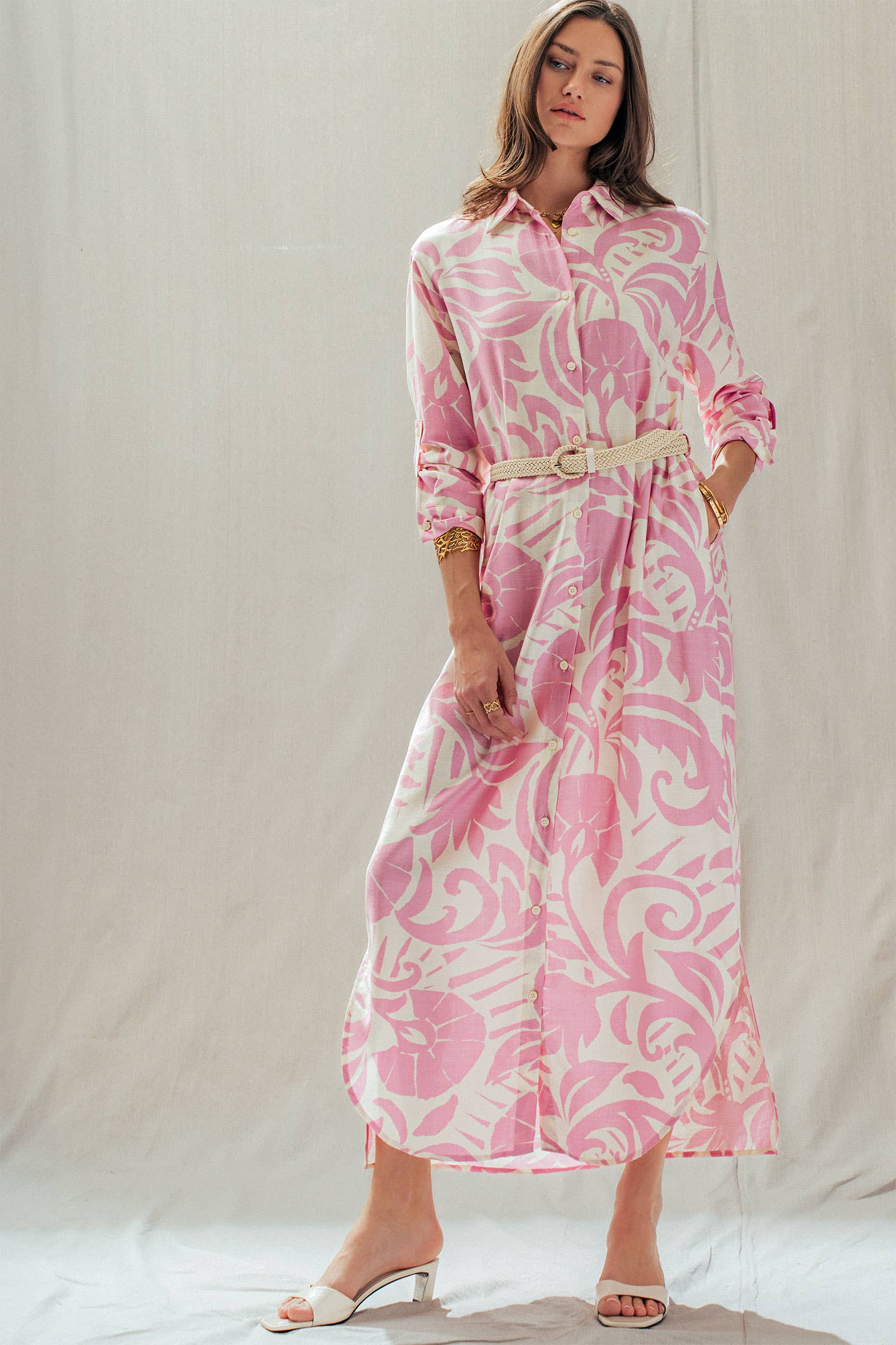 Urban Daizy Pink Abstract Floral Belted Button Down Shirt Dress Pink Dress - Women's (TNDR1629) – alternate view 2