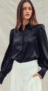 Metallic Shimmer Button Down Blouse with Puff Sleeves in BLACK - Women's Shirts & Blouses | Urban Daizy