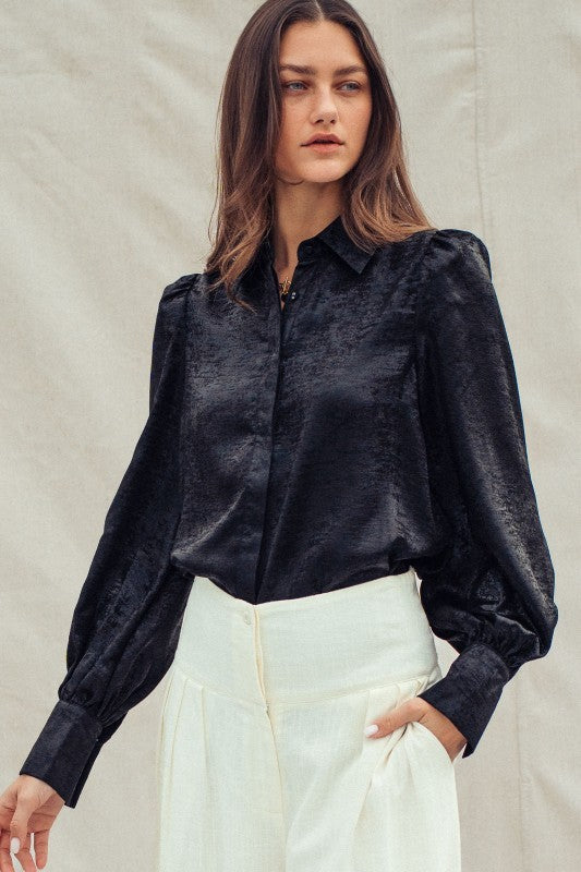 Metallic Shimmer Button Down Blouse with Puff Sleeves in BLACK - Women's Shirts & Blouses | Urban Daizy