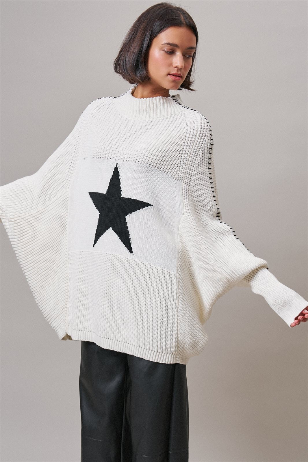 Star Intarsia Mock Neck Sweater in IVORY - Women's Sweaters | Urban Daizy