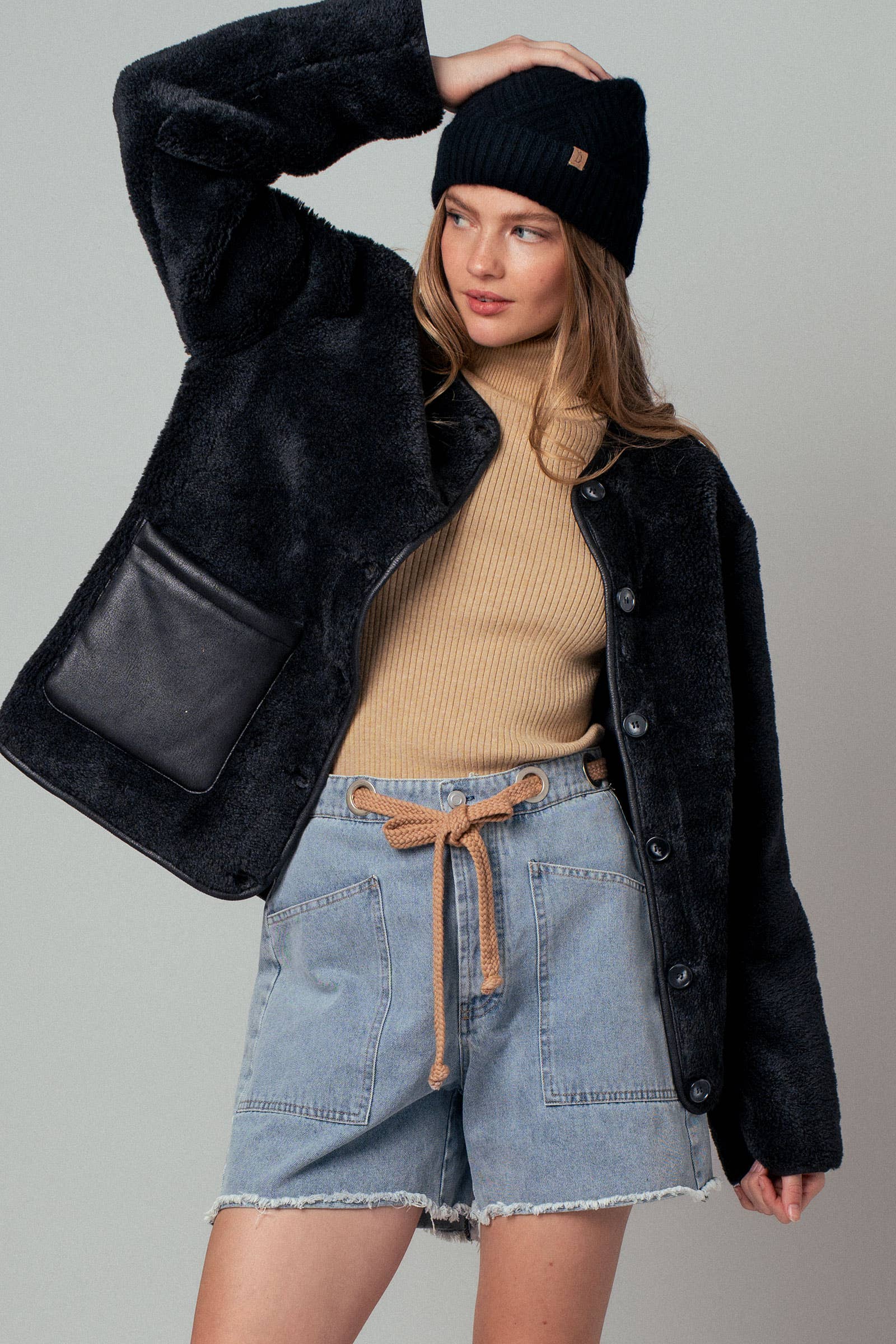 Faux Shearling Jacket with Suede Pockets