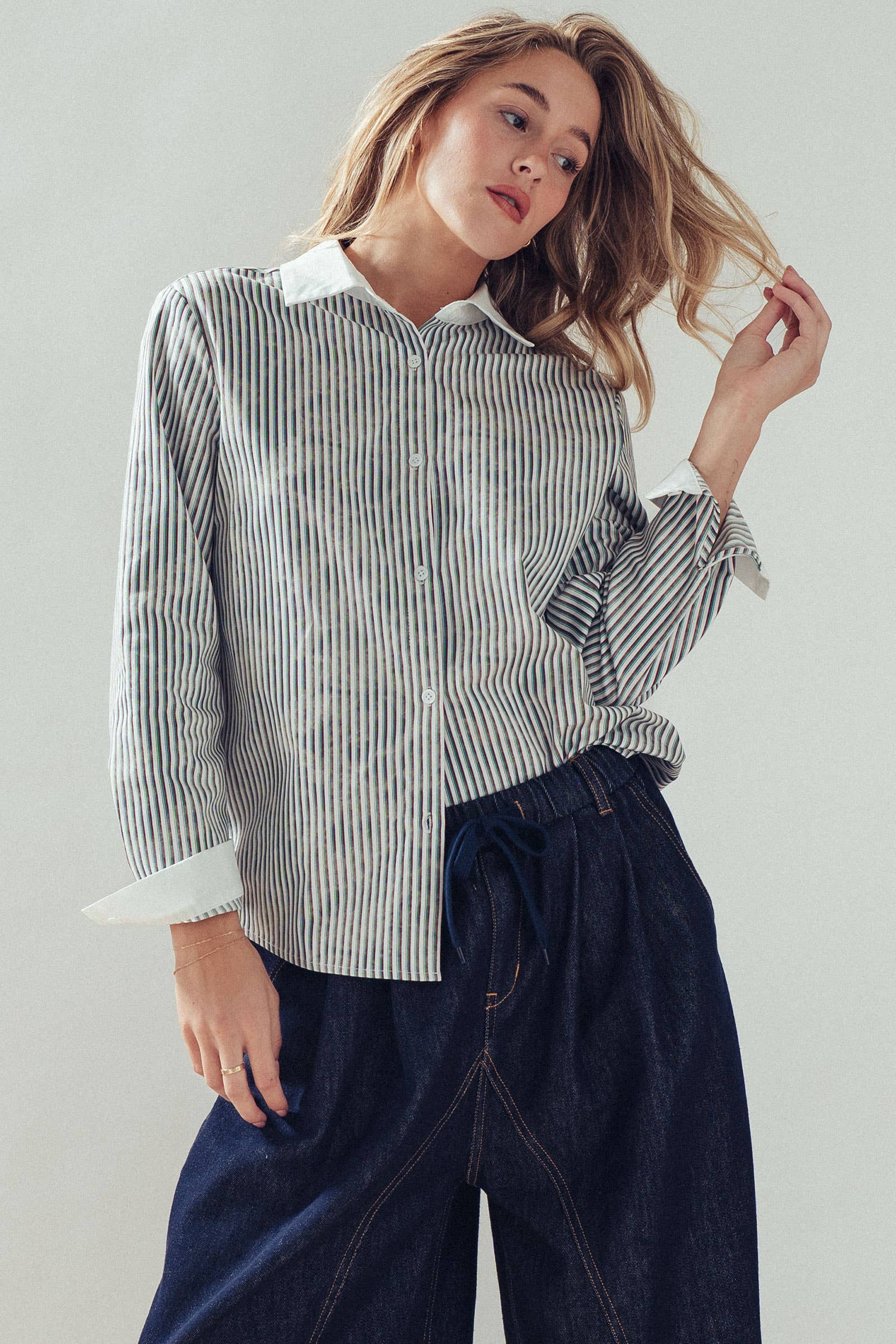 Contrast Collar Multi Stripe Button Down Shirt
