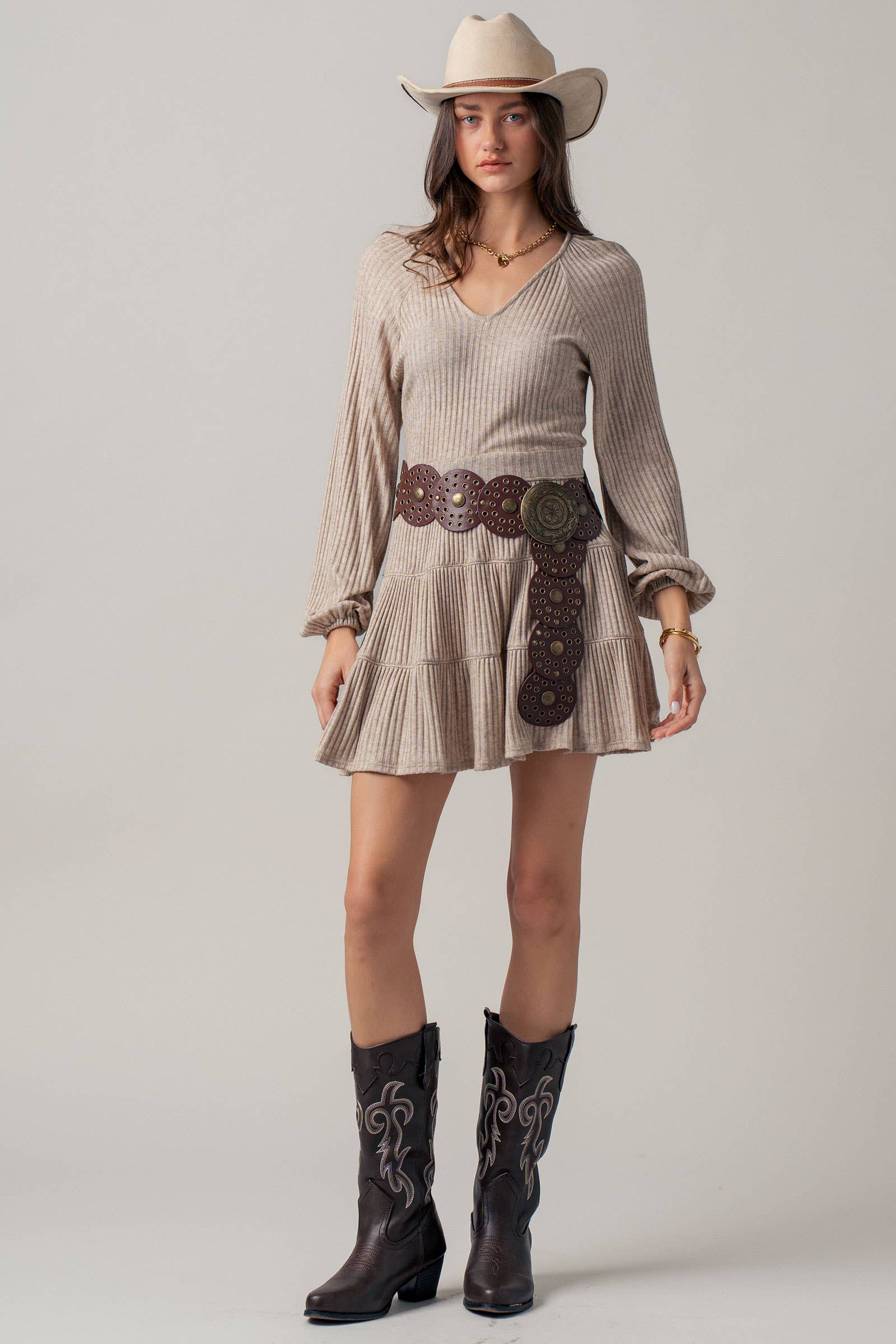 Cashmere Ribbed V-Neck Tiered Mini Dress