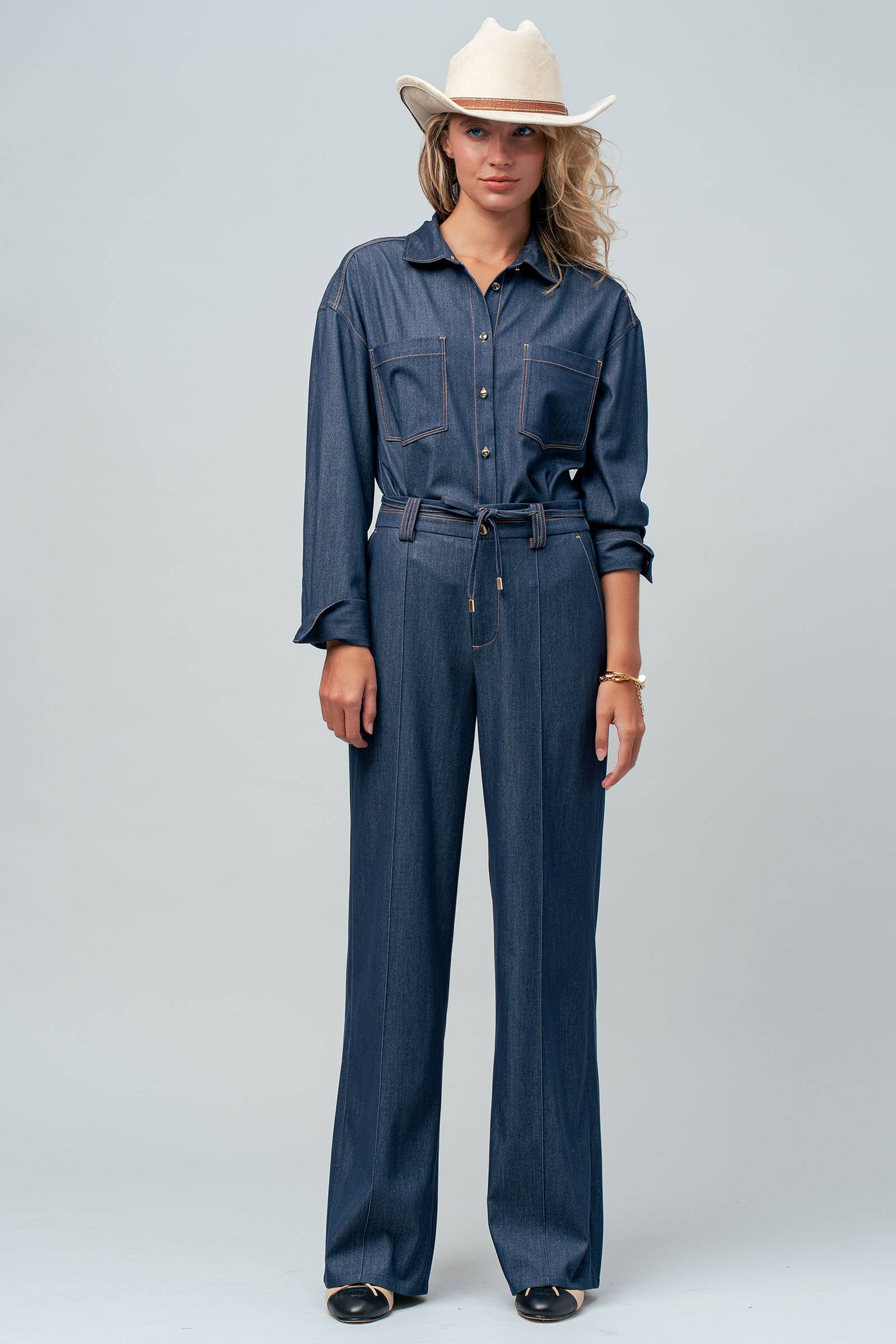 Drawstring Wide Leg Denim Pants