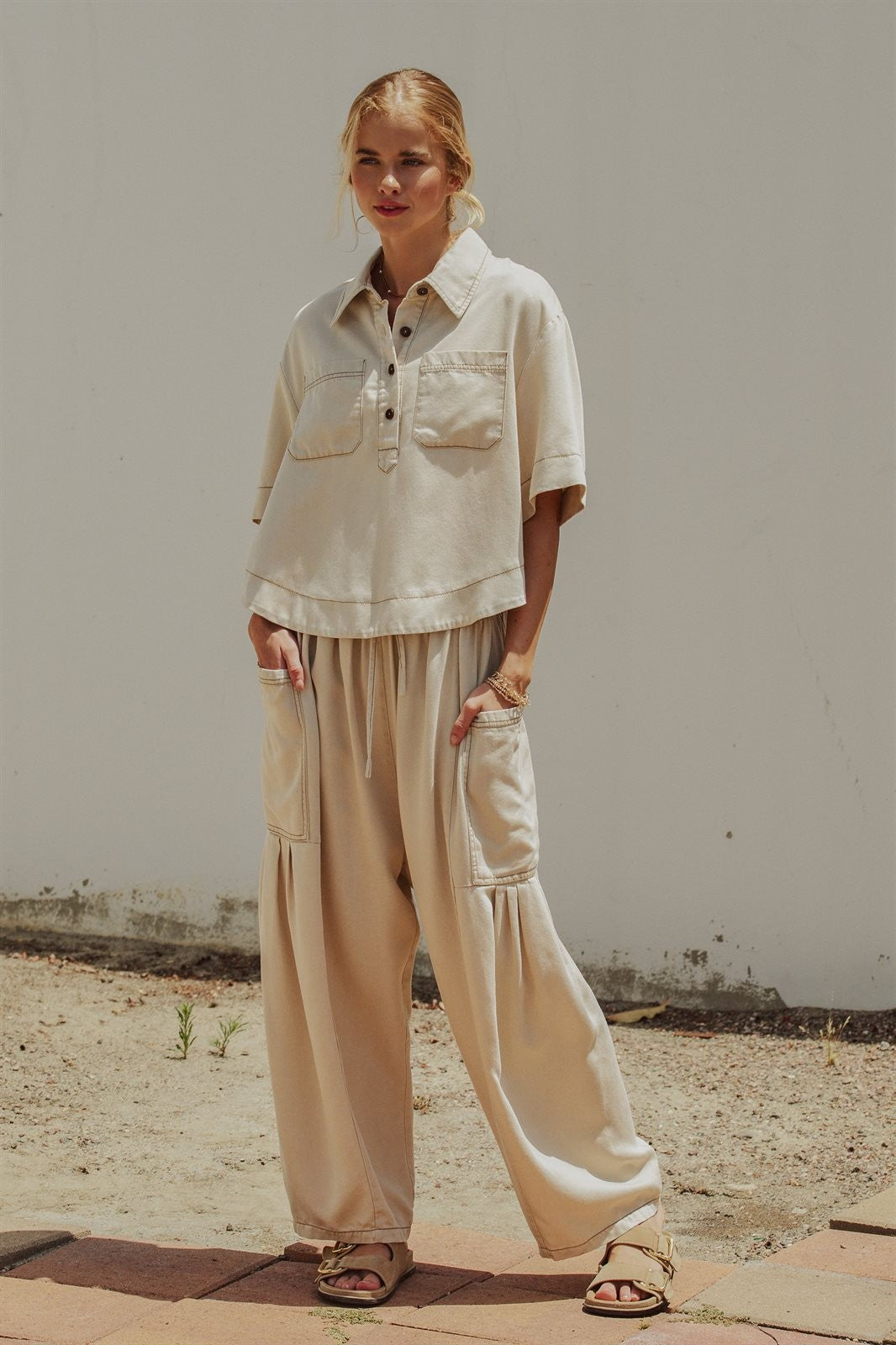 Washed Utility Half-Placket Cropped Shirt in TAUPE	 - Women's Shirts & Blouses | Urban Daizy