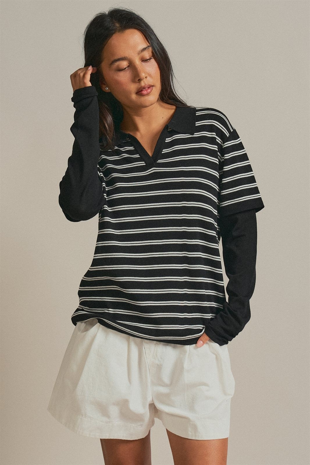 Striped Collared Layered Polo Top in BLACK - Women's Sweaters | Urban Daizy