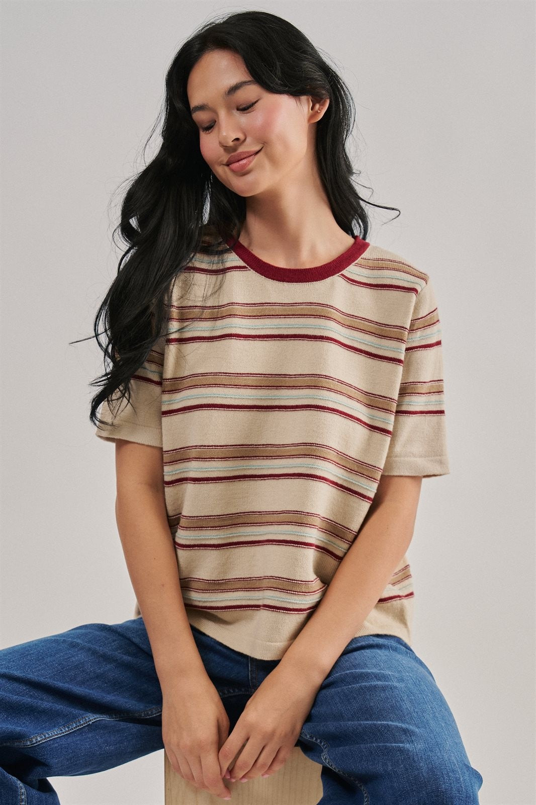 Striped Knit Tee Vintage 70s Retro Boho Coastal Top for Wome in IVORY - Women's T-Shirts & Polos | Urban Daizy