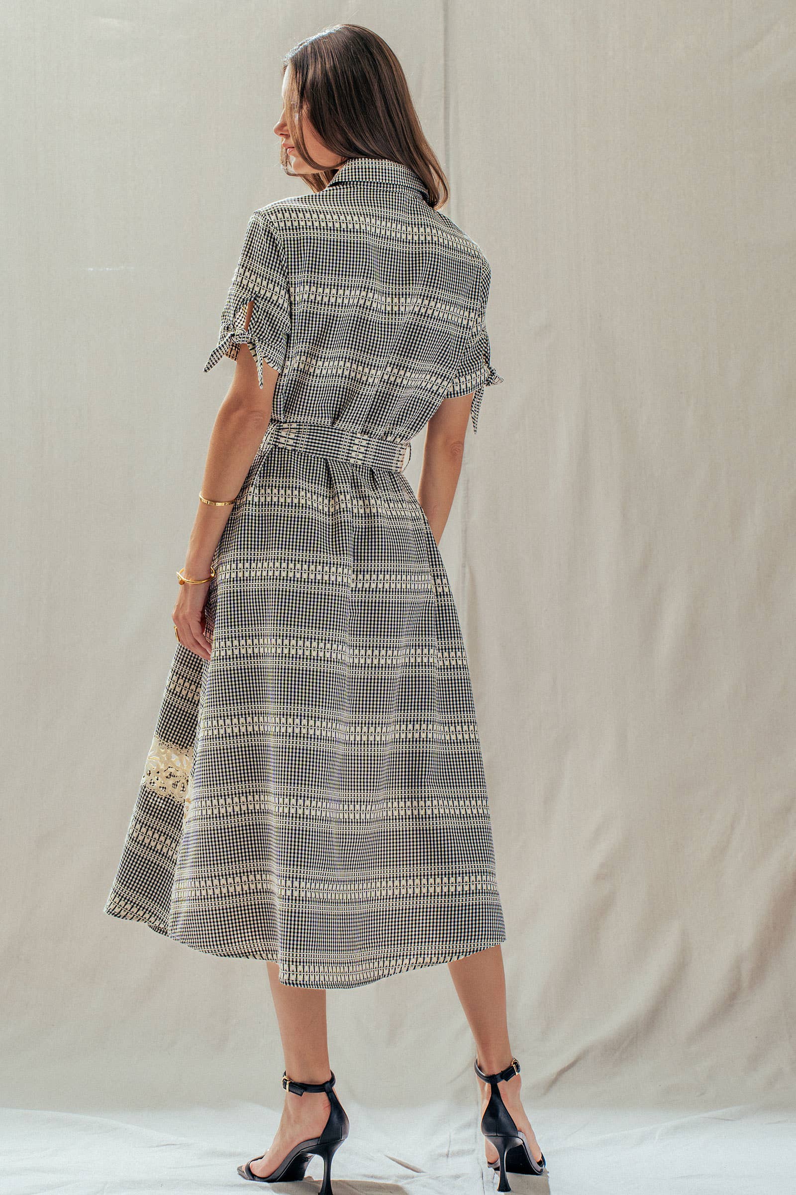 Gingham Cotton Shirt Dress Eyelet Embroidery