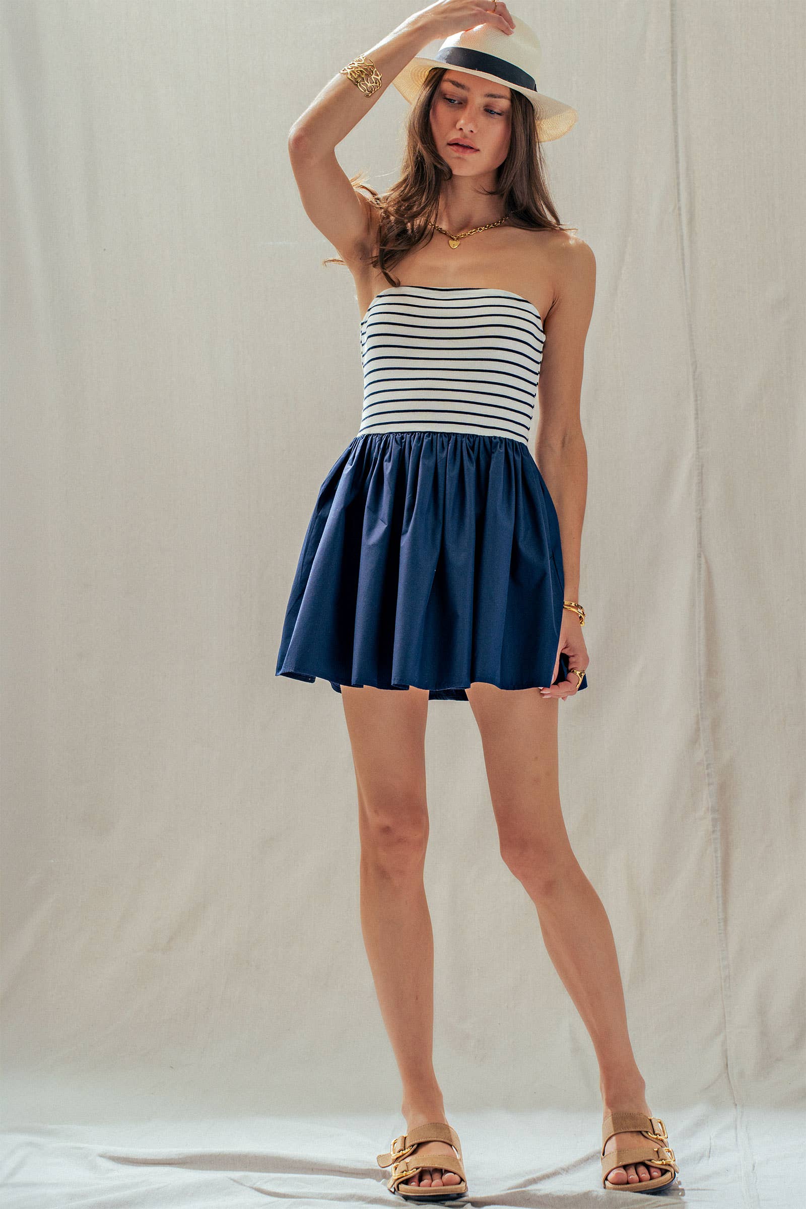 Urban Daizy Mixed Media Strapless Knit & Poplin Mini Dress Ivory-Blue Dress - Women's (UDDR0336-Ivory-Blue) – alternate view 9