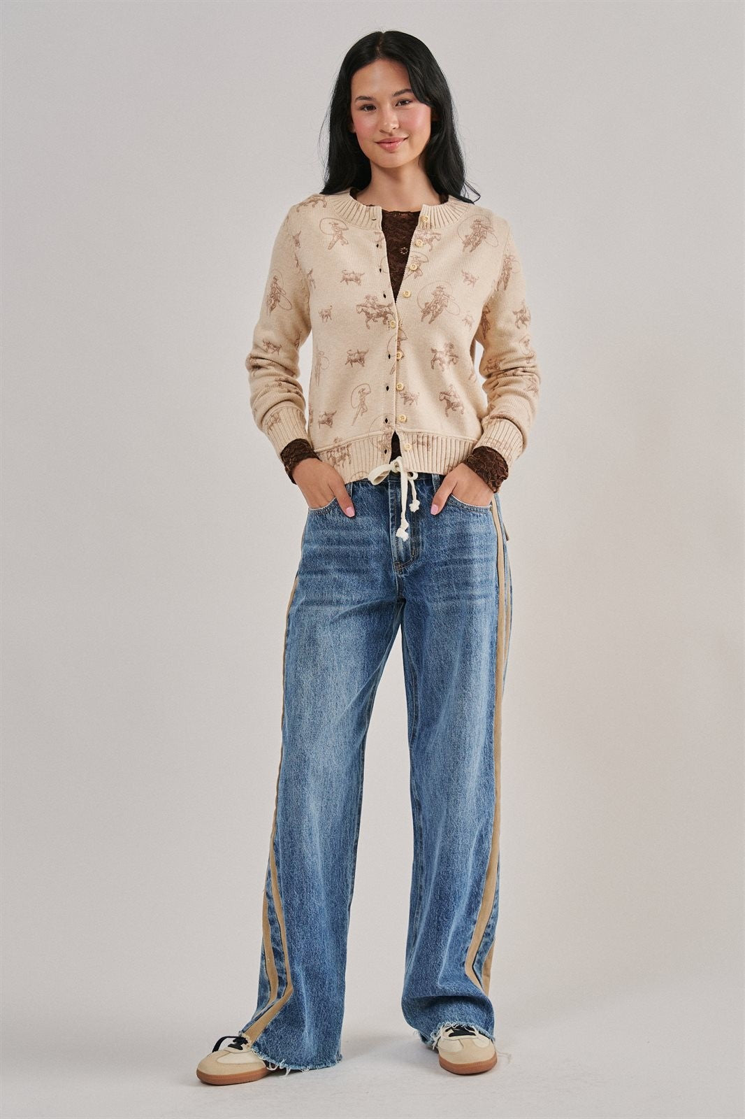 Western Cowboy Print Button Front Cardigan Sweater in KHAKI - Women's Cardigans & Shrugs | Urban Daizy